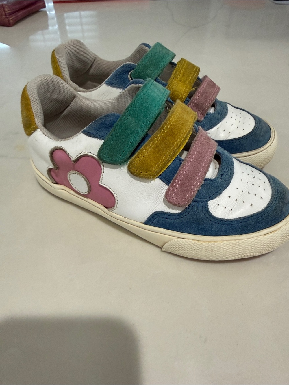 Mini Boden White Leather Sneakers with Blue, Green, Yellow & Pink Accents